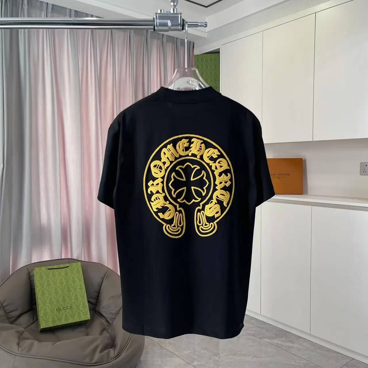 🅿️200 ch Cro* 2025 summer new style Sanskrit horseshoe cross cross vacuum embroidery short-sleeved t-shirt customized fabric 300g same style for men and women Size: S M L XL XXL Five codes Color: black white